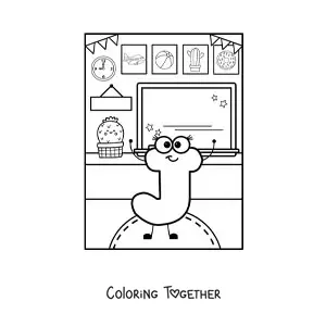 Coloring page of the animated letter j at school