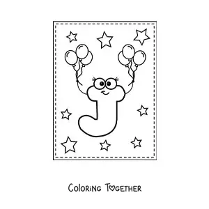 Coloring page of the animated capital letter j with balloons