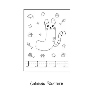 Coloring page of the animated letter j shaped like a cat