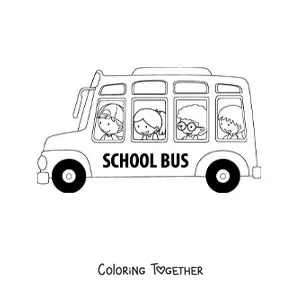 Coloring page of several cartoon students on a school bus