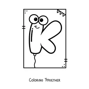 Coloring page of the animated letter k shaped like a balloon