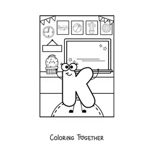 Coloring page of the animated letter k at school