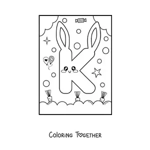 Coloring page of the letter k shaped like an animated kawaii rabbit