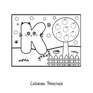 Coloring page of the animated letter k shaped like a cat in the park