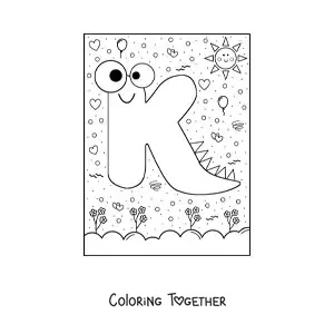 Coloring page of the cartoon letter k shaped like a monster