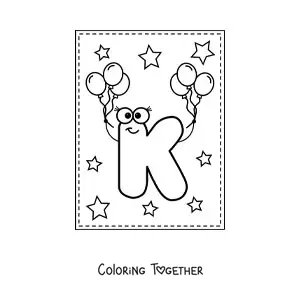 Coloring page of the animated capital letter k with balloons