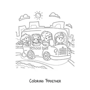 Coloring page of several happy cartoon students on a school bus