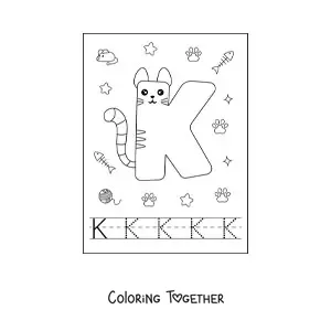 Coloring page of the animated letter k shaped like a cat