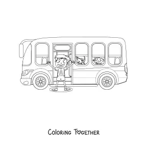 Coloring page of cartoon students on a school bus
