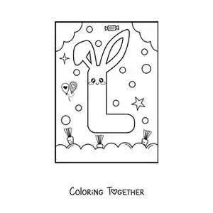 Coloring page of the letter L shaped like an animated kawaii rabbit