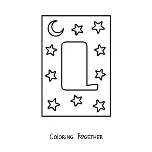 Coloring page of a capital letter L with stars and a moon