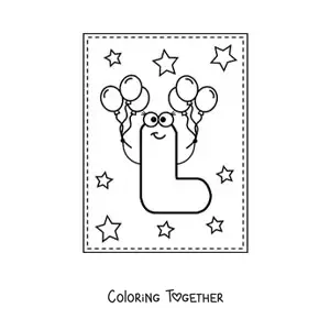 Coloring page of the animated capital letter L with balloons