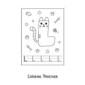 Coloring page of the animated letter L shaped like a cat
