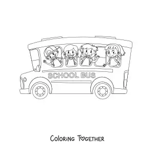Coloring page of four students waving from the windows of a school bus