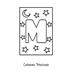 Coloring page of an uppercase letter M with stars and a moon