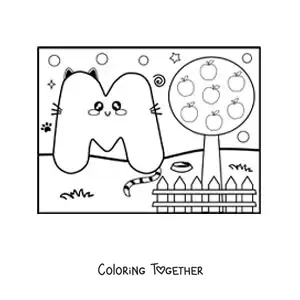 Coloring page of the animated letter M shaped like a cat in the park