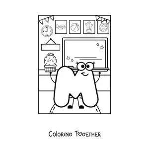 Coloring page of the animated letter M at school