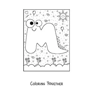 Coloring page of the animated letter M shaped like a cartoon monster