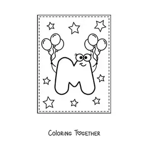 Coloring page of the animated uppercase letter M with balloons