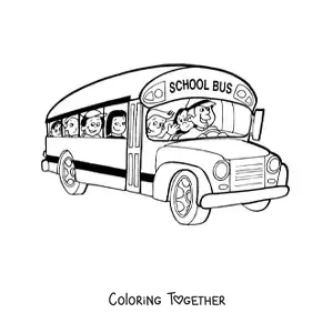 Coloring page of a school bus with a driver and students