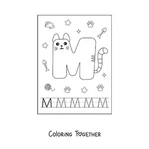 Coloring page of the animated letter M shaped like a cat