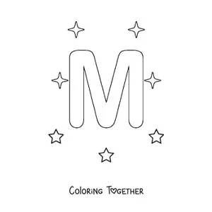 Coloring page of an uppercase letter M with stars