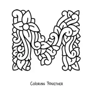 Coloring page of a decorated uppercase letter M