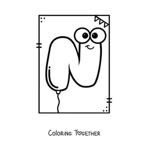 Coloring page of the animated letter N shaped like a balloon