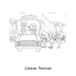 Coloring page of several students boarding the school bus