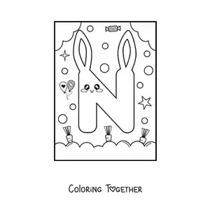 Coloring page of the letter N shaped like an animated kawaii rabbit
