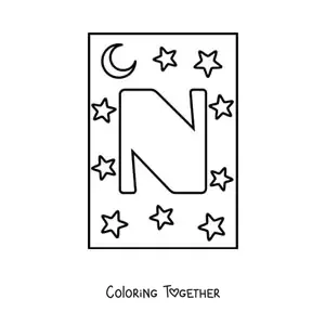 Coloring page of an uppercase letter N with stars and a moon