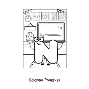 Coloring page of the animated letter N at school