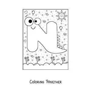 Coloring page of the animated letter N shaped like a cartoon monster