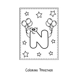 Coloring page of the animated uppercase letter N with balloons