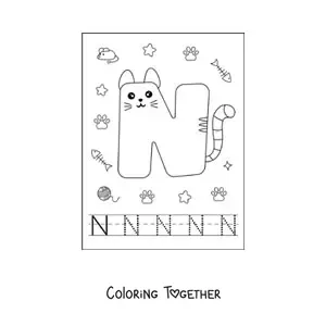 Coloring page of the animated letter N shaped like a cat