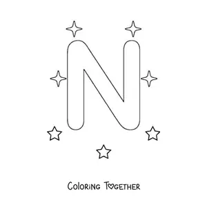 Coloring page of an uppercase letter N with stars