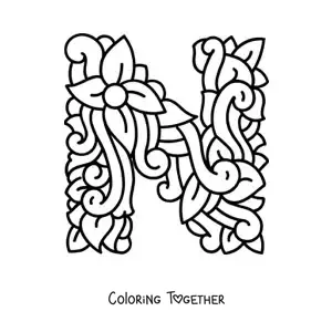 Coloring page of a decorated uppercase letter N