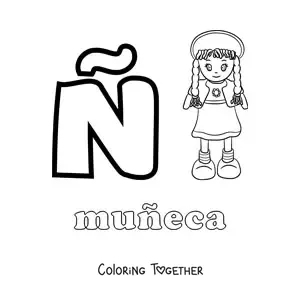 Coloring page of N is for muneca (doll)