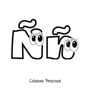 Coloring page of an animated uppercase and lowercase letter N with a tilde