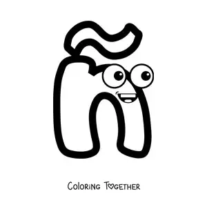 Coloring page of an animated lowercase letter n with a tilde