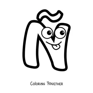Coloring page of an animated uppercase letter N with a tilde