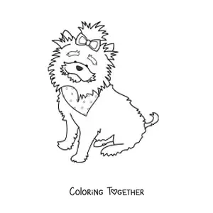 Coloring page of a Yorkshire terrier sitting and wearing a bandana and a bow