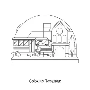 Coloring page of a school bus at school