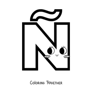 Coloring page of an animated kawaii uppercase letter N with a tilde
