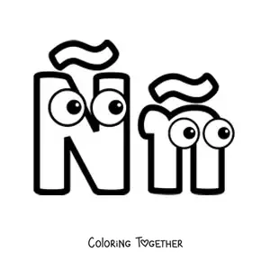 Coloring page of the cartoon uppercase and lowercase letter N with a tilde