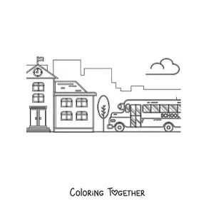 Coloring page of a school bus parked next to a school