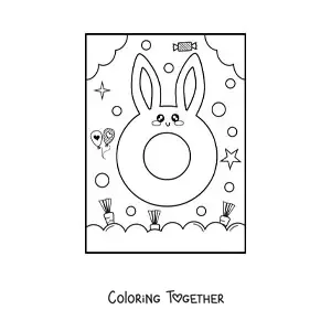 Coloring page of the letter O shaped like an animated kawaii rabbit