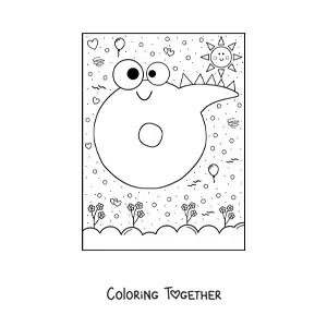 Coloring page of the animated letter O shaped like a cartoon monster