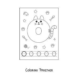 Coloring page of the animated letter O shaped like a cat
