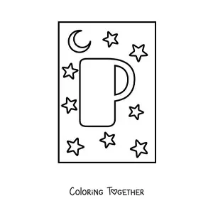 Coloring page of an uppercase letter P with stars and a moon